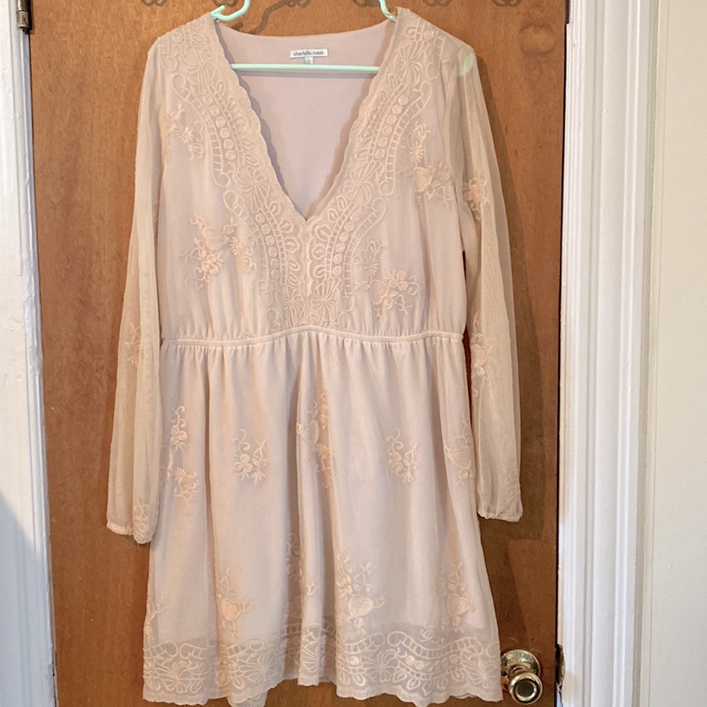 Lacy V Neck dress with sheer sleeves- Size L, Blush/Champagne